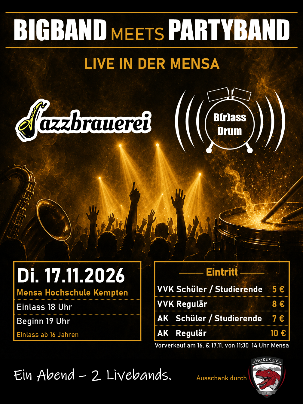 Bigband meets Partyband – Jazzbrauerei und B(r)assDrum am 17. November 2026 in der Mensa Hochschule Kempten. Einlass 18 Uhr, Beginn 19 Uhr.